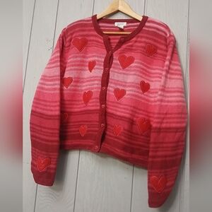 Red Heart Patterned Women's Button Down Vintage Sweater Size Large
